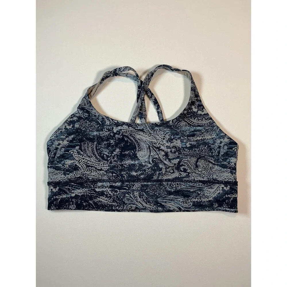 Lululemon Energy Bra Long Line Paisley Navy Gray Strappy Yoga Size 10